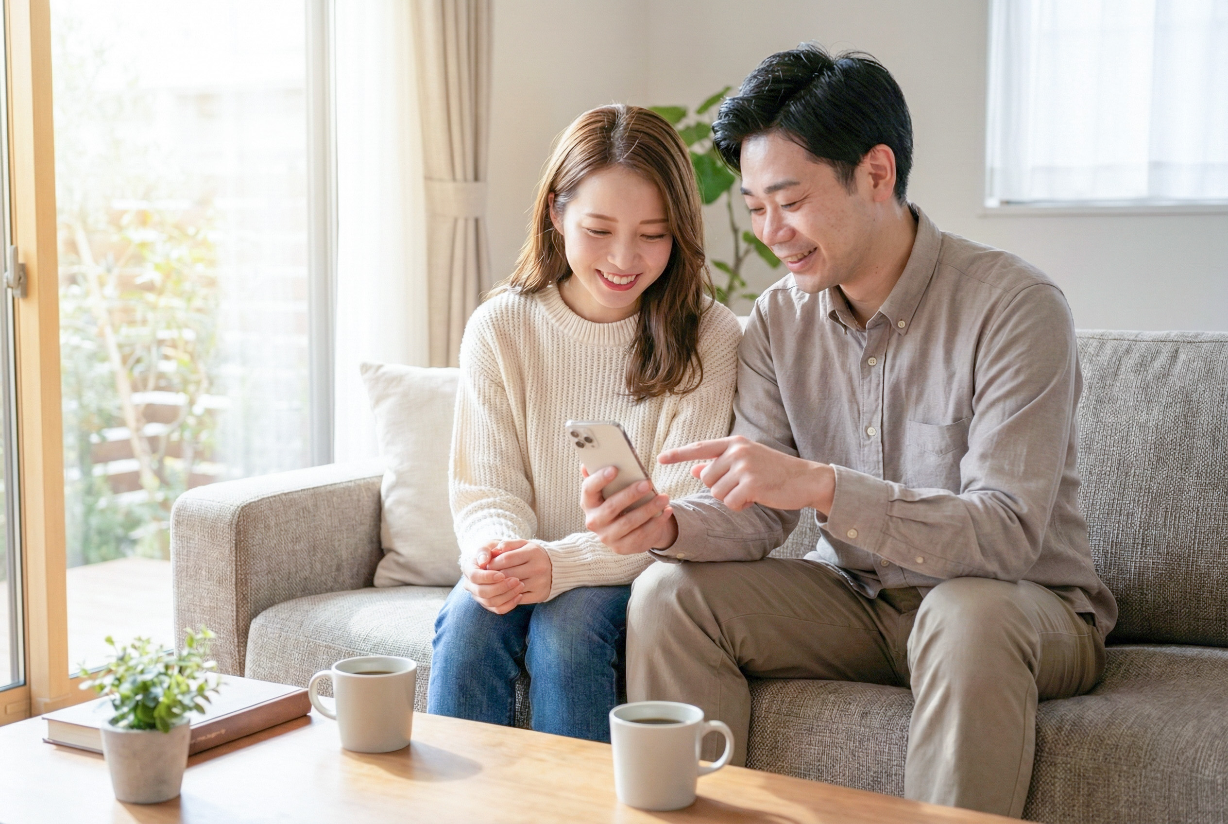 ソファーに座りながらスマホを見て予約しているカップル